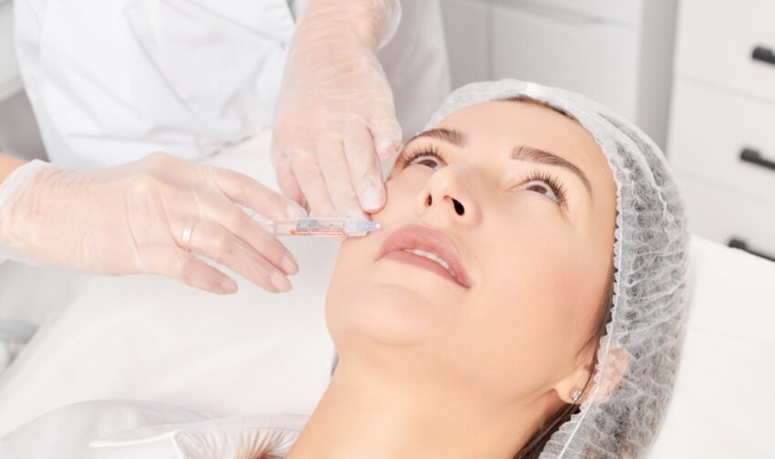 Cosmetologist makes rejuvenation injection in woman face, anti aging procedure in beauty salon