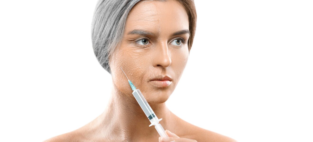 Young and old face comparison. Woman with syringe. Surgery and beauty concept.